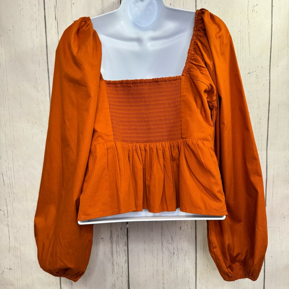 Abercrombie & Fitch Burnt Orange Smocked Peasant Blouse Puff Sleeve Size L Boho - Picture 7 of 12